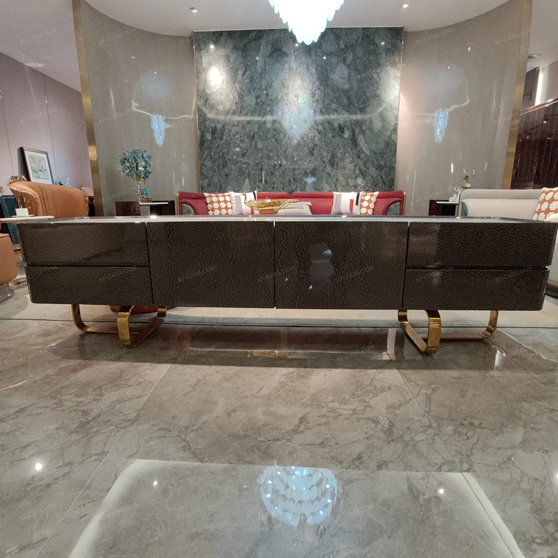 Luxury Deep Brown Textured TV Stand with Marble Top, Gold Metal Base and Orange Interior Drawers